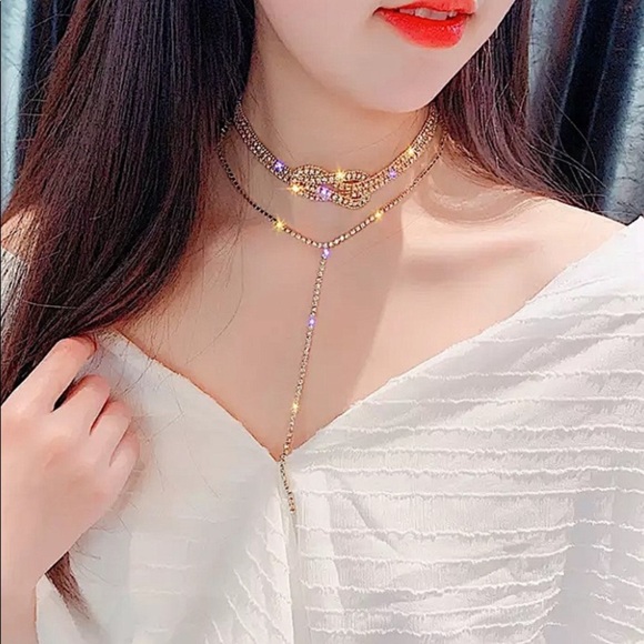 GOLD PLATED CRYSTAL RHINESTONE CHOKER - Picture 4 of 4